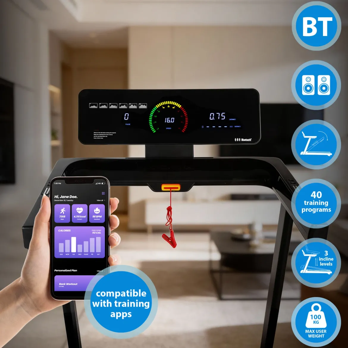 BIEŻNIA DOMOWA ELEKTRYCZNA KOMPATYBILNA Z APLIKACJAMI TRENINGOWYMI BE5872N HMS