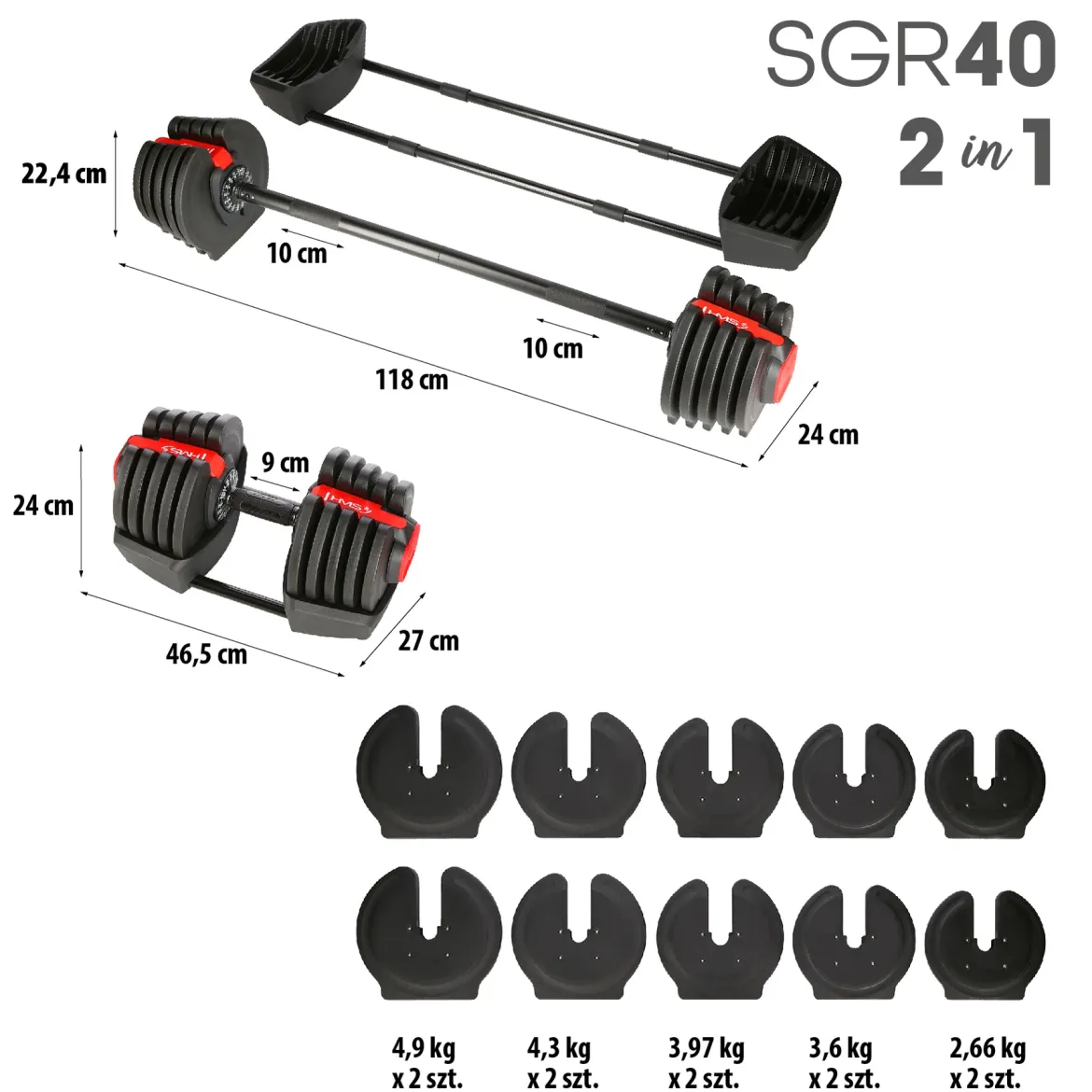 Hantle regulowane 2w1 HMS SGR40 PRO Set – sztanga i sztangielki