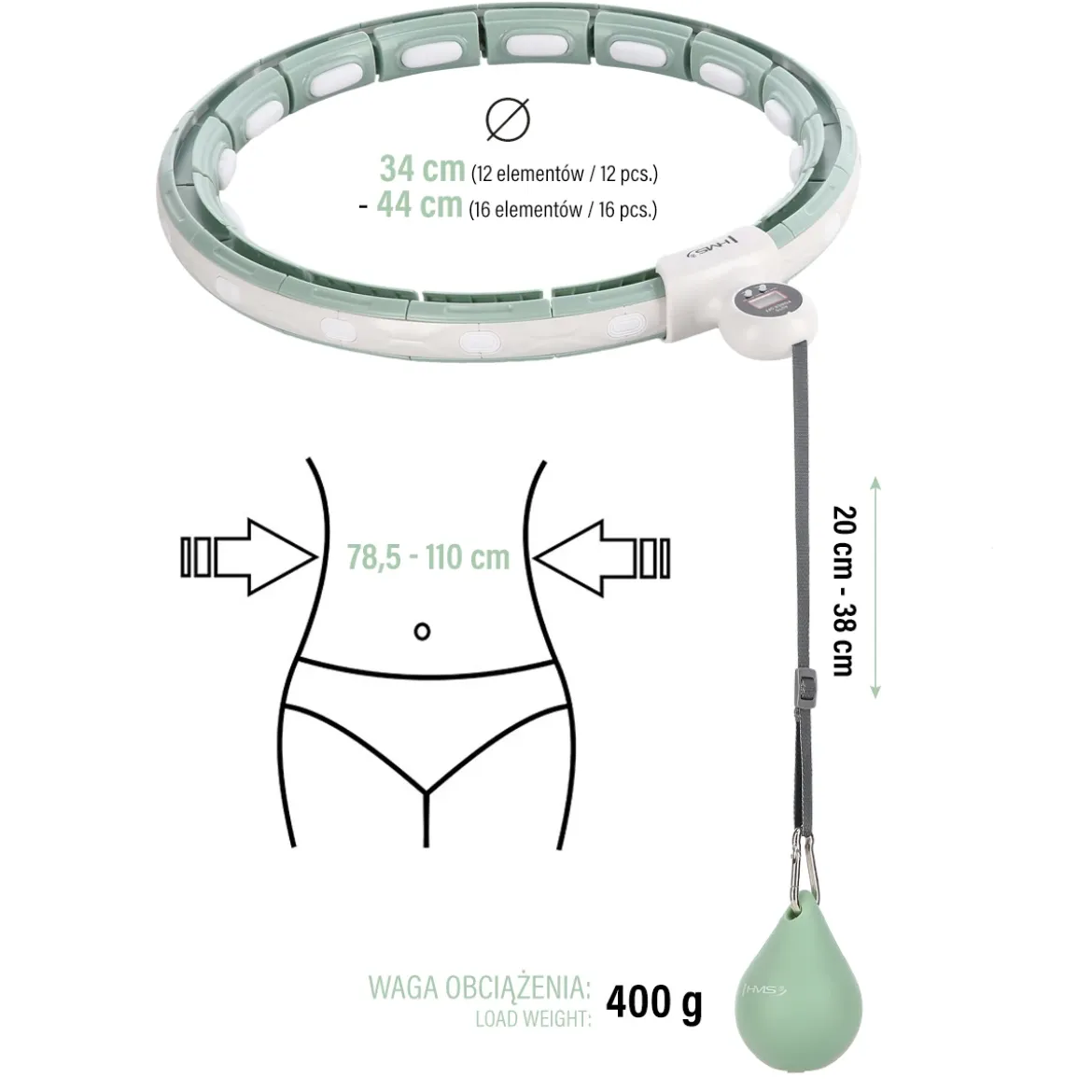 HHM15 HULA HOP GREEN Z MAGNESEM I OBCIĄŻNIKIEM + LICZNIK HMS