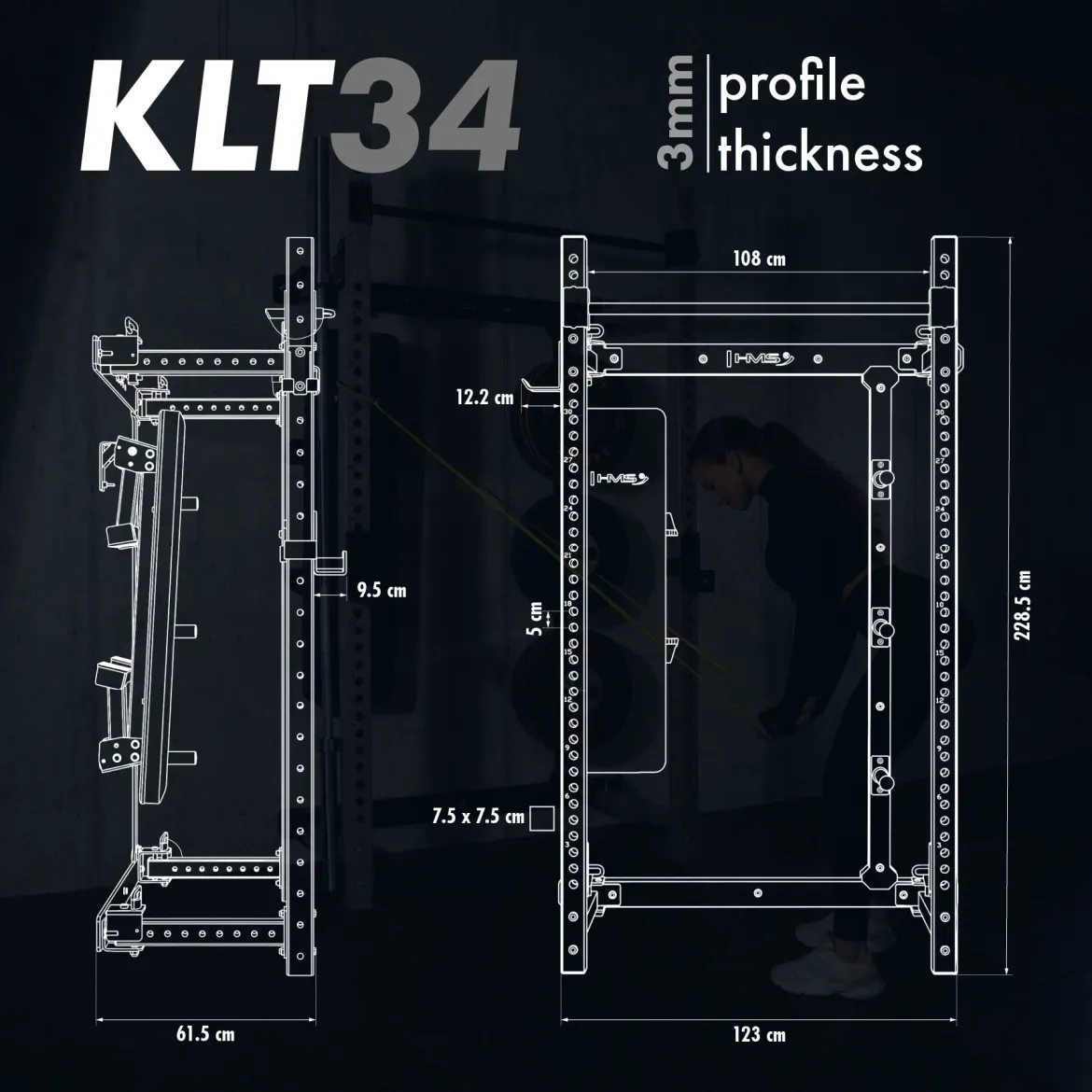 KLATKA TRENINGOWA ŚCIENNA ROZSUWANA Z ŁAWKĄ SZARA KLT34 HMS FITNESS