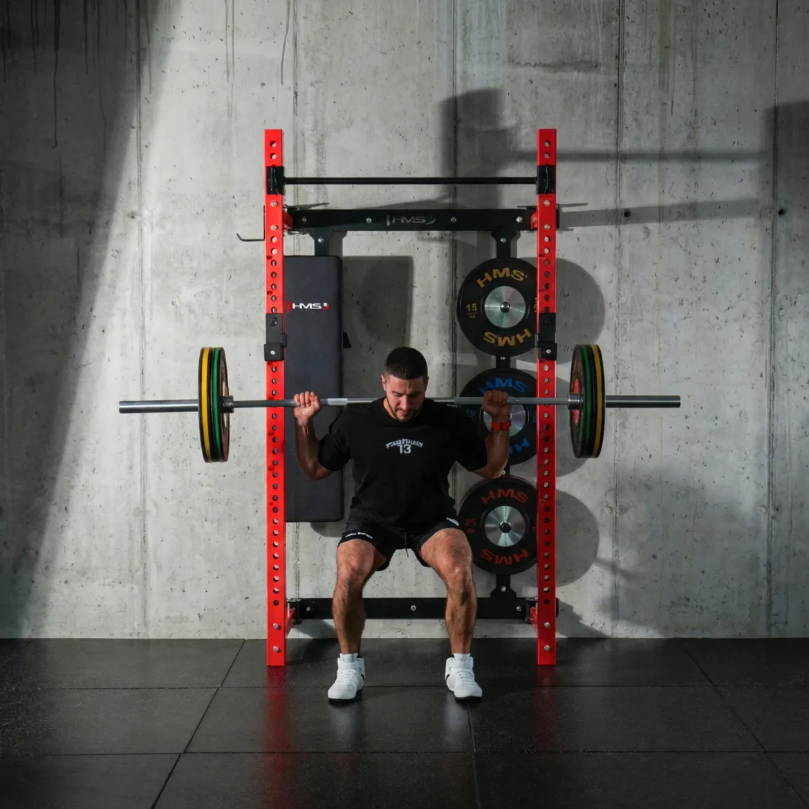 KLATKA TRENINGOWA ŚCIENNA ROZSUWANA Z ŁAWKĄ CZERWONA KLT34 HMS FITNESS