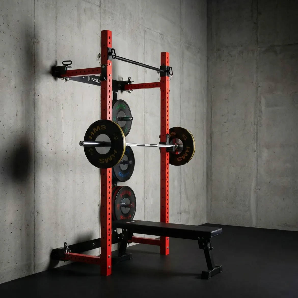 KLATKA TRENINGOWA ŚCIENNA ROZSUWANA Z ŁAWKĄ CZERWONA KLT34 HMS FITNESS