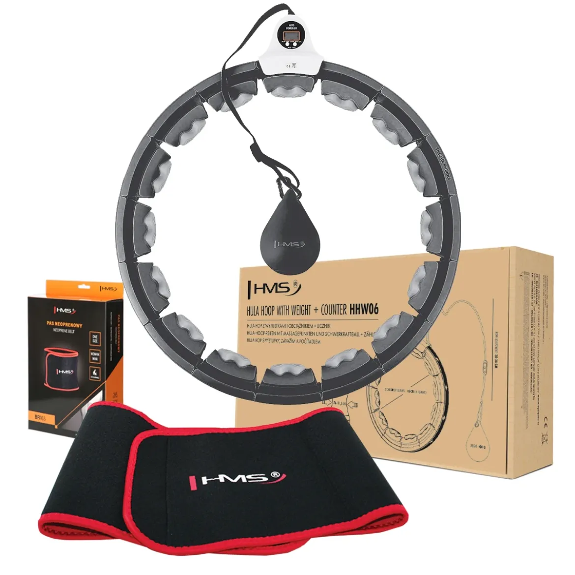 ZESTAW HULA HOP HHW06 BLACK Z PIŁKĄ GRAWITACYJNĄ I LICZNIKIEM HMS + PAS BR163 RED