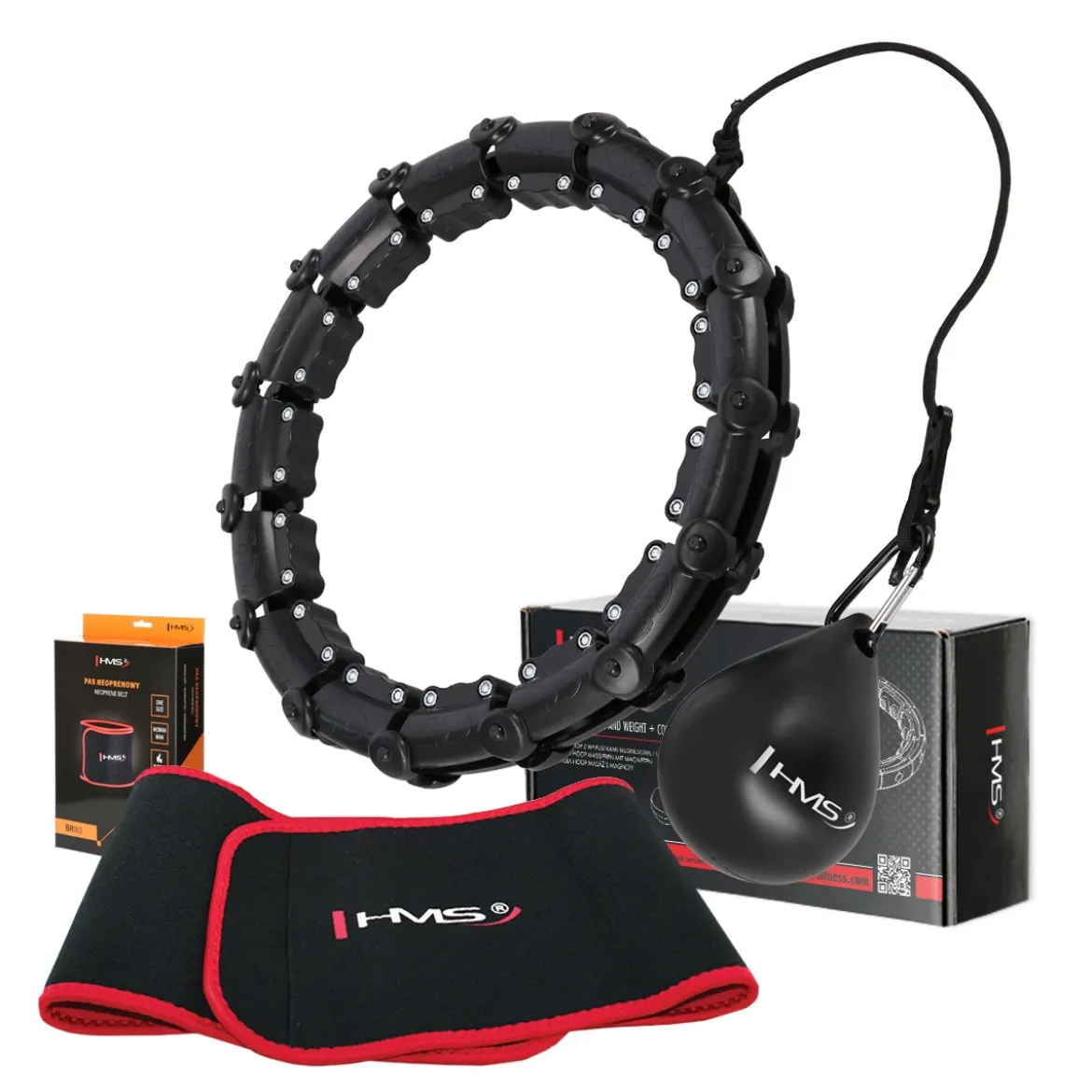 ZESTAW HULA HOP HHW02 BLACK Z WYPUSTKAMI I OBCIĄŻNIKIEM HMS + PAS BR163 RED