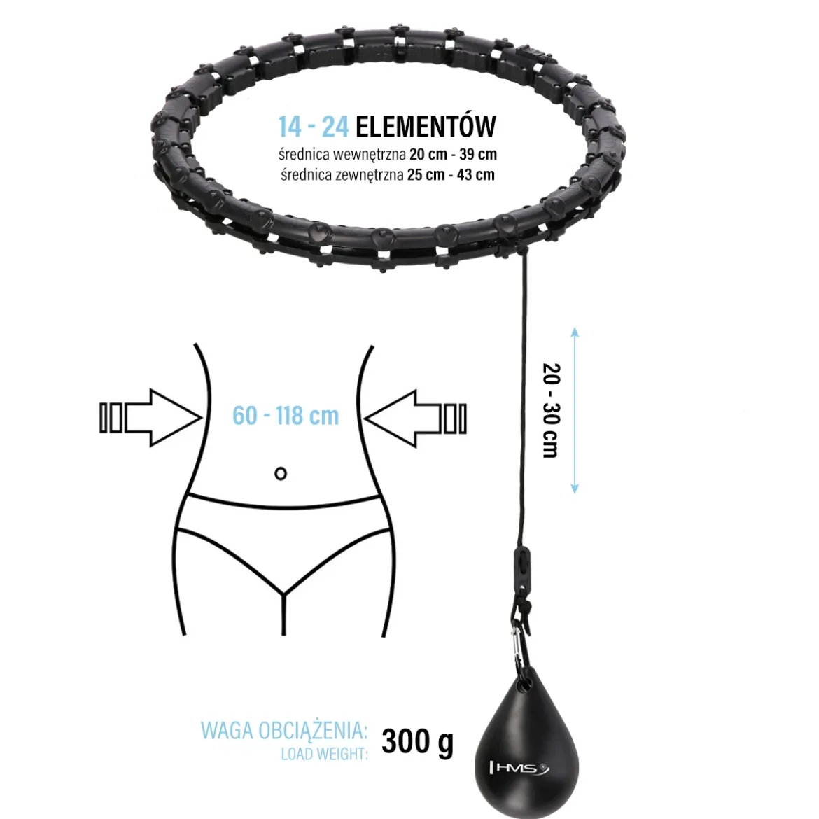 ZESTAW HULA HOP HHW02 BLACK Z WYPUSTKAMI I OBCIĄŻNIKIEM HMS + PAS BR163 RED