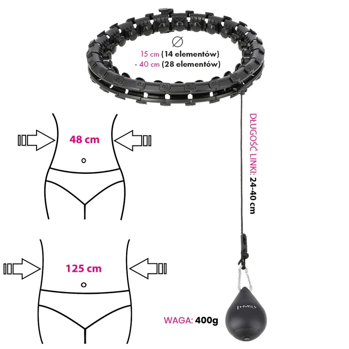ZESTAW HULA HOP HHW12 BLACK Z WYPUSTKAMI I OBCIĄŻNIKIEM HMS + PAS BR163 BLACK PLUS SIZE