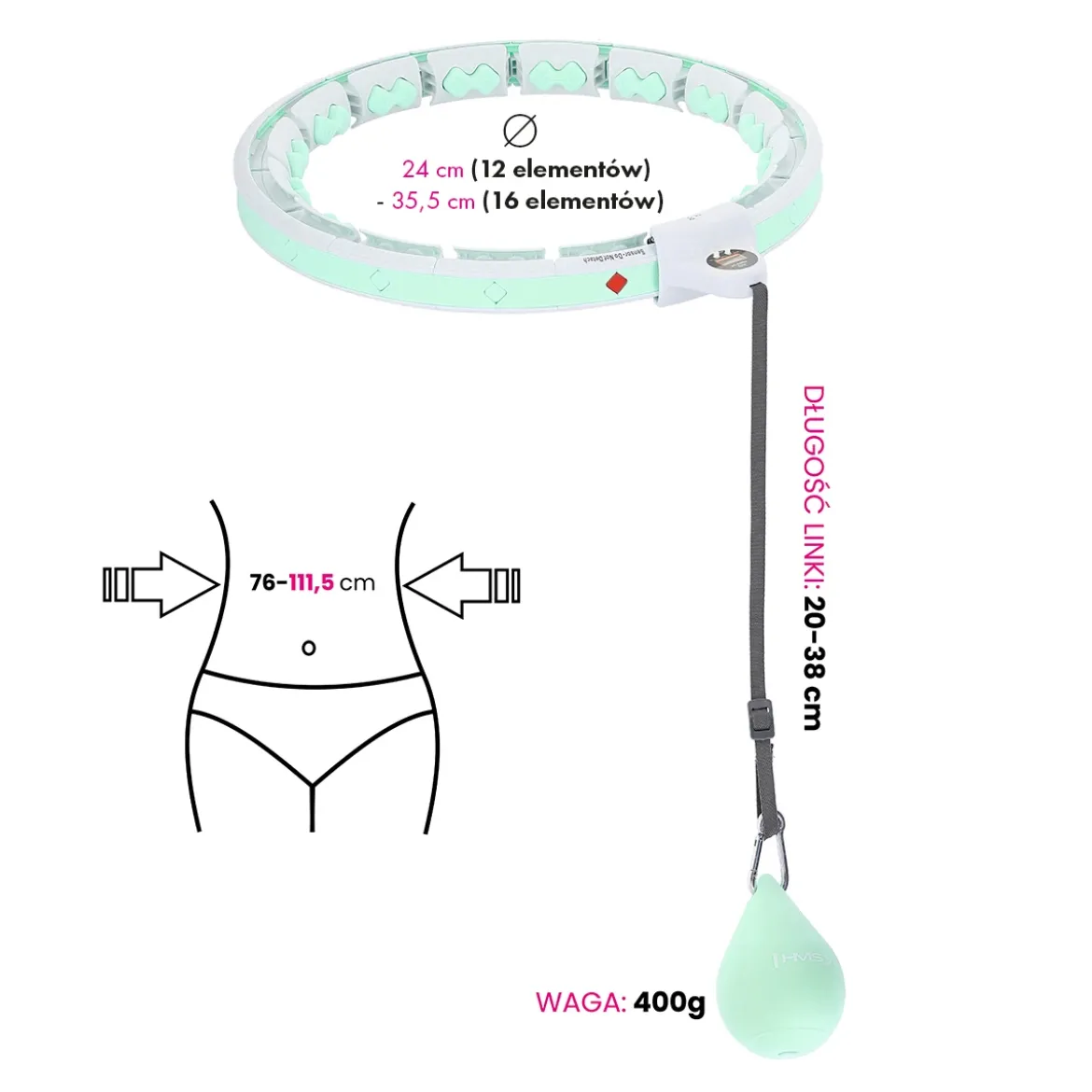 ZESTAW HULA HOP HHW06 GREEN Z PIŁKĄ GRAWITACYJNĄ I LICZNIKIEM HMS + PAS BR163 BLACK PLUS SIZE