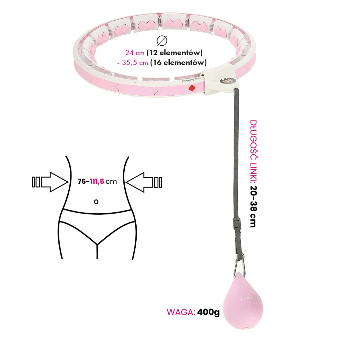 ZESTAW HULA HOP HHW06 PINK Z PIŁKĄ GRAWITACYJNĄ I LICZNIKIEM HMS + PAS BR163 BLACK PLUS SIZE