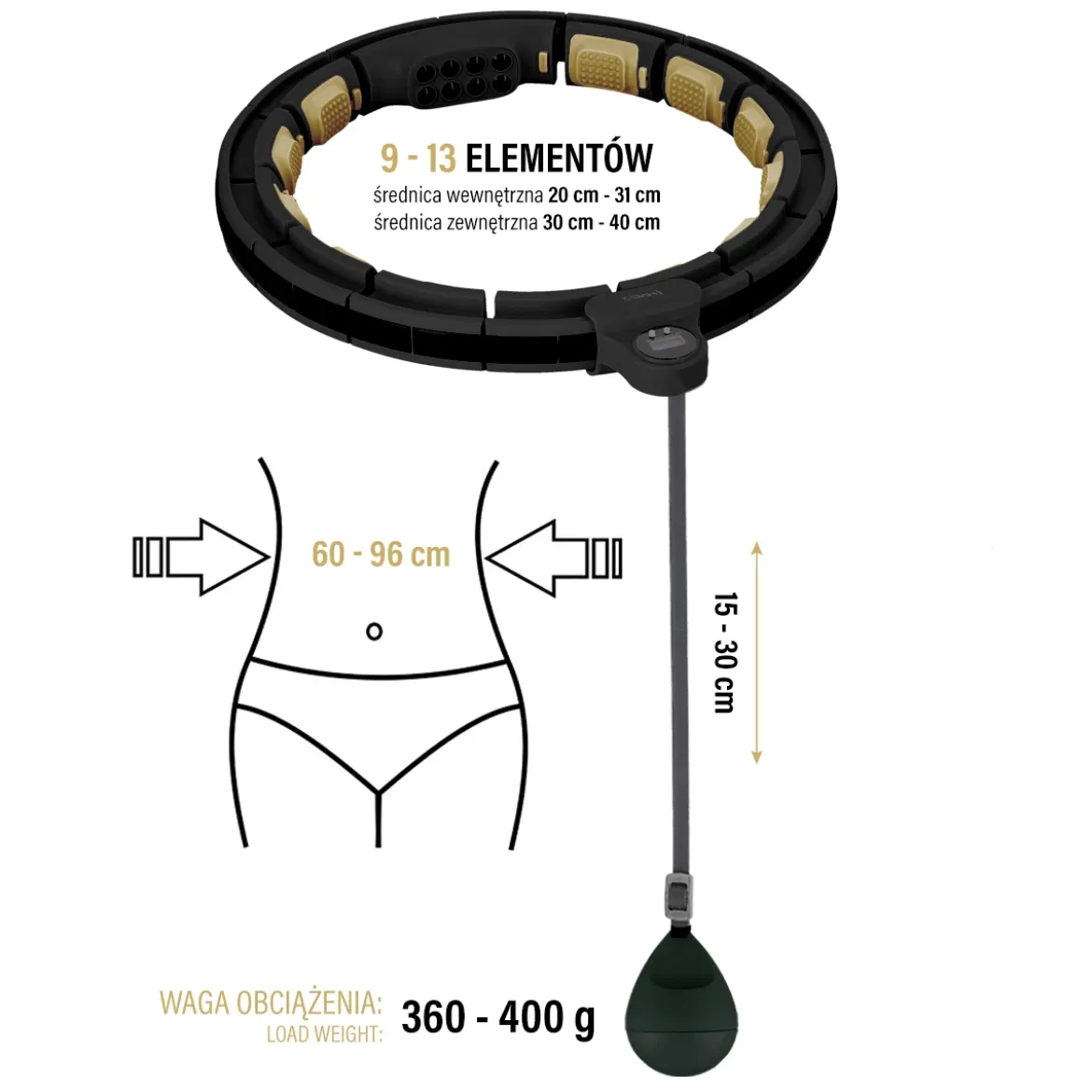 ZESTAW HULA HOP MAGNETYCZNY BLACK/GOLD HHM13 Z LICZNIKIEM HMS + PAS WYSZCZUPLAJĄCY BR163 BLACK
