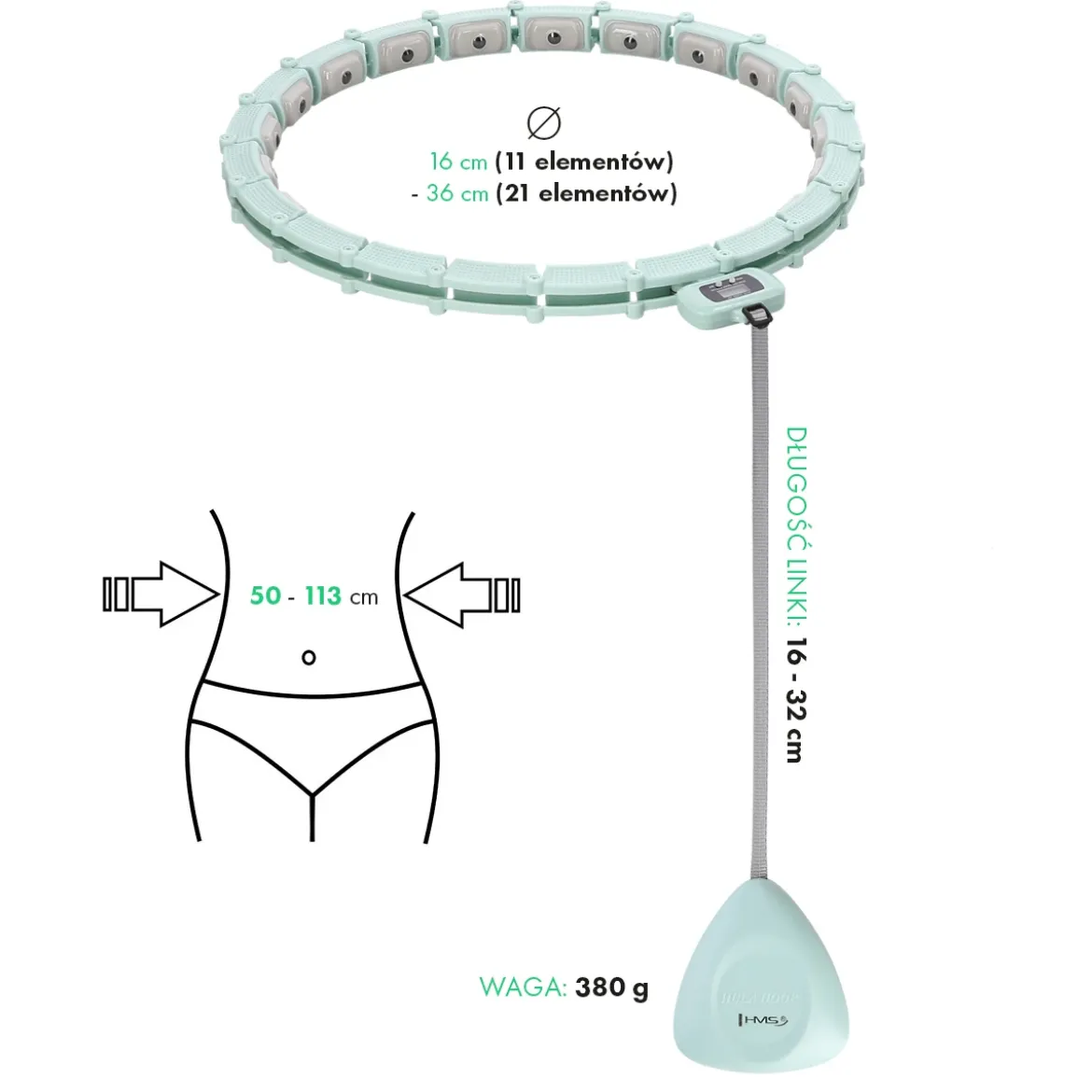 ZESTAW HULA HOP MAGNETYCZNY GREEN HHM14 Z LICZNIKIEM HMS + PAS WYSZCZUPLAJĄCY BR163 BLACK