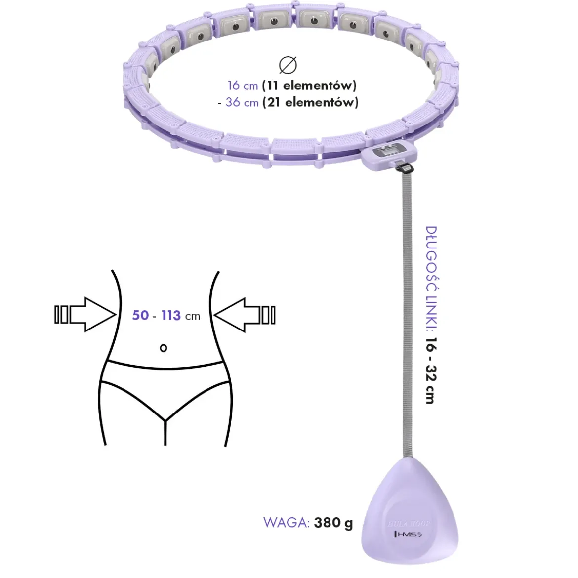 ZESTAW HULA HOP MAGNETYCZNY VIOLET HHM14 Z LICZNIKIEM HMS + PAS WYSZCZUPLAJĄCY BR163 BLACK