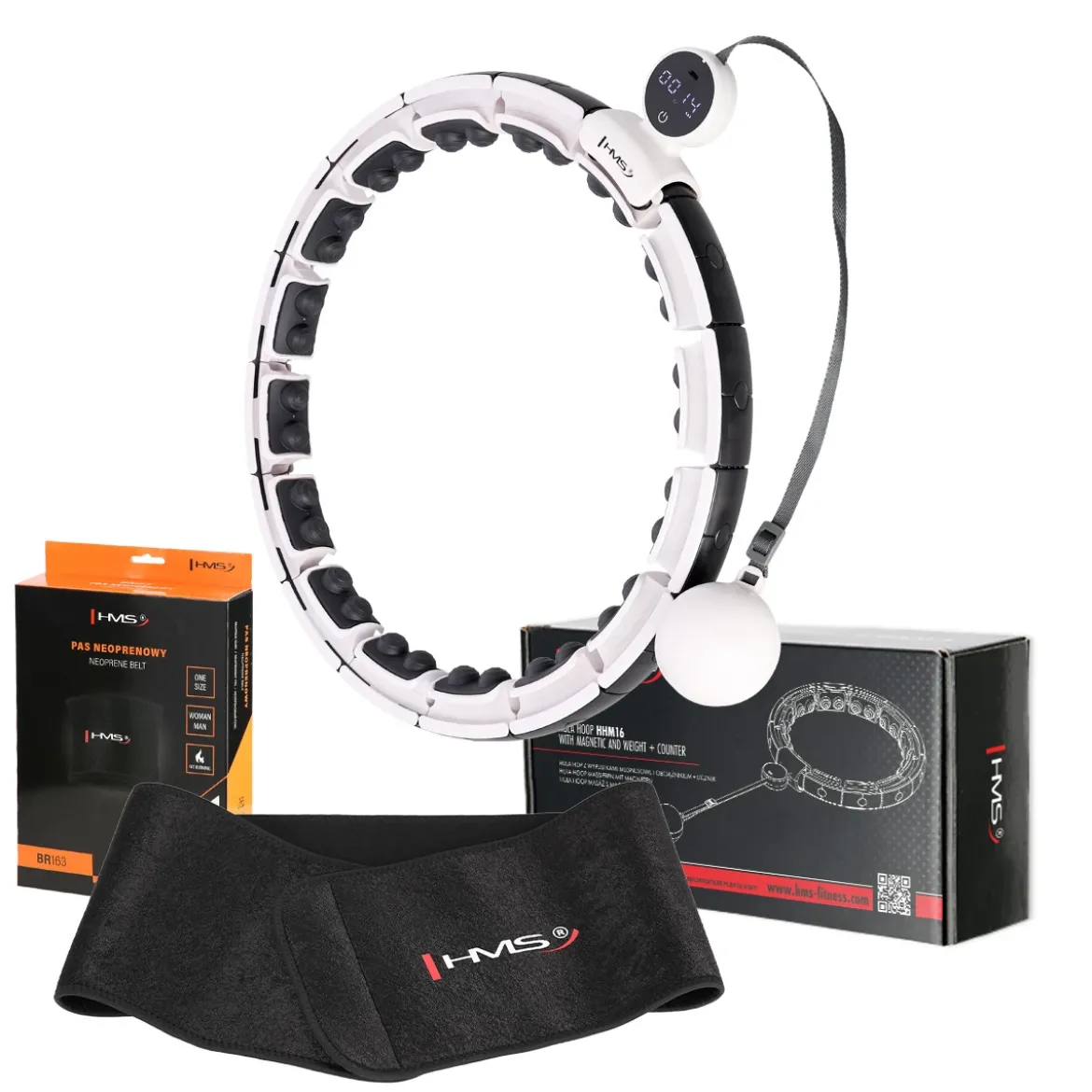 ZESTAW HULA HOP MAGNETYCZNY WHITE HHM16 Z LICZNIKIEM HMS + PAS WYSZCZUPLAJĄCY BR163 BLACK