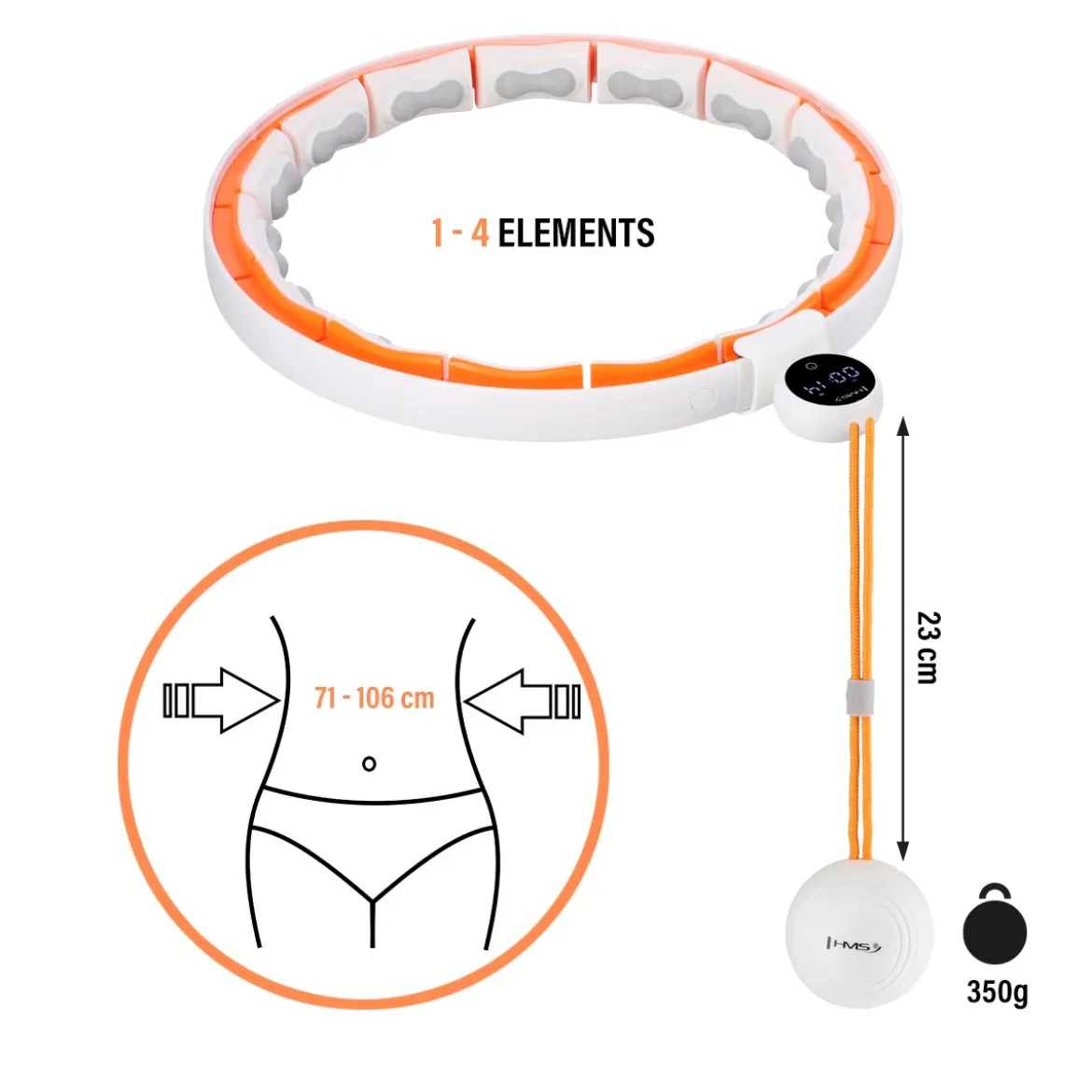 ZESTAW HULA HOP MAGNETYCZNY WHITE/ORANGE HHM21 Z LICZNIKIEM HMS + PAS WYSZCZUPLAJĄCY BR1313
